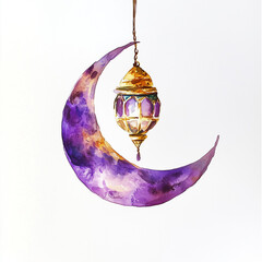watercolor crescent moon and lantern with a star hanging on a white background, Ramadan concept, Arab, Muslim religion 