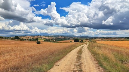 Fototapeta premium Country road and fields under clouds