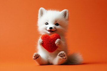 Obraz premium Arctic fox - my beloved animal. Cute arctic fox baby with fluffy red heart - sign of love, funny greeting card. Marketing conceptual art. Marketing concept. Heartwarming animal pictures.