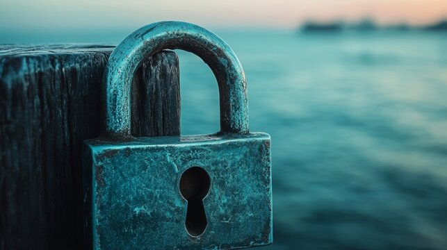 Water rights, concept: a small lock to close, with water in the background