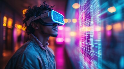 Man wearing virtual reality headset, immersed in a digital experience