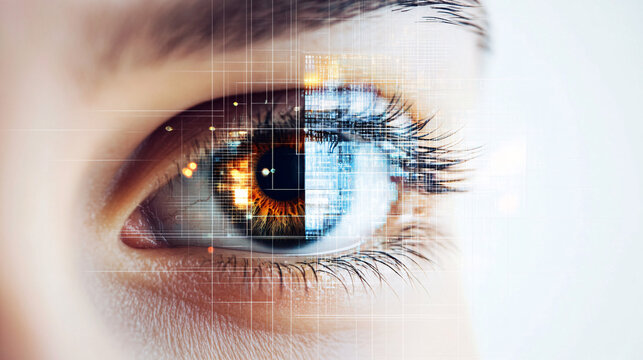 A high-tech close-up of a human eye with digital overlays and futuristic interface elements representing technology and artificial intelligence  
