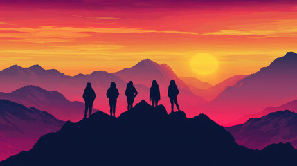 Fototapeta premium Inspirational Women's History Month scene with sunrise and women on peak