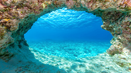 Naklejka premium Underwater cave reveals ocean floor, sunlight filters through, tranquil scene, ideal for travel brochures