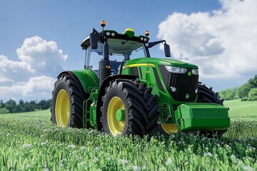 Obraz premium High-tech tractor efficiently plowing vast green farmland under a clear sky