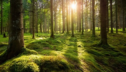 Obraz premium A vibrant green forest with towering trees, soft moss-covered ground, and golden sunlight filtering through the canopy. A peaceful and untouched natural environment, symbolizing Earth’s beauty and the