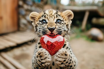 Obraz premium Promotion animal concept artwork. Leopard - my treasured animal. Cute leopard baby with diamond red heart on in a natural habitat. Sweet forest love story. Natureâ€™s romantic side. Wild love.