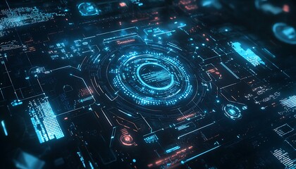 Composite image blue technology interface with binary code, symbolizing futuristic data systems