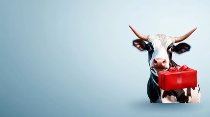Cow with Red Gift Box - A friendly cow holds a red gift box, symbolizing generosity, celebration, surprise, holiday cheer, and rural charm