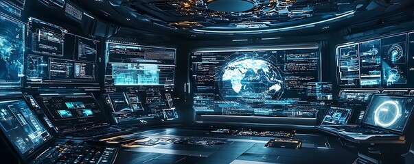 Computer and devices displayed on a futuristic interface, highlighting global network communication and multimedia technology