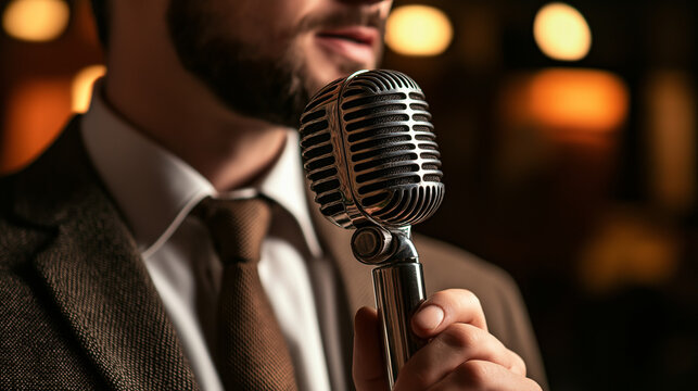 Vintage radio announcer speaking into a retro microphone with warm lighting