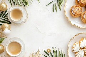 Xícara de café elegante com detalhes dourados, acompanhada de doces e decorações festivas em fundo branco, criada com IA generativa para um visual sofisticado e convidativo
