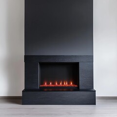 Elegant modern fireplace with a black stone mantel and soft ambient lighting