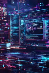 Computer technology low-poly wireframe banner design, featuring software development and freelance design elements for digital posters