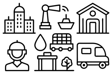 Public Services Line Icon Set – Court, Education, Water, Electricity, Transport & More, Public services line icon set featuring court, education, water, electricity, transport & more.