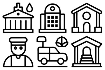 Obraz premium Public Services Line Icon Set – Court, Education, Water, Electricity, Transport & More, Public services line icon set featuring court, education, water, electricity, transport & more.