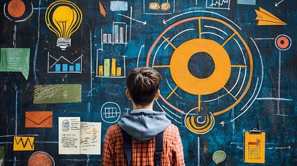 Concept business strategy for innovation planning, including business growth, advertising, and futuristic graphic icons