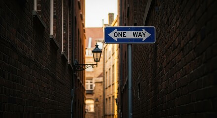 Navigating Narrow City Street One Way Sign with Architectural Views