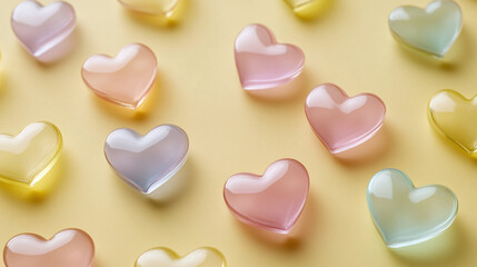 Obraz premium Valentines day pale yellow background with translucent hearts in pastel colors.