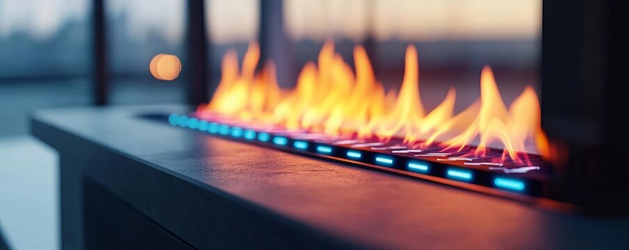 Futuristic AI-controlled digital fireplace, changing flame patterns in real-time