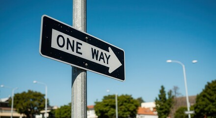 Navigating One Way Direction Street Sign Against a Clear Blue Sky