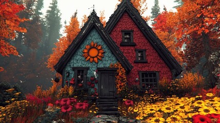 Autumnal twin cottage nestled in forest, flowers blooming. Ideal for fairytale, fantasy, or cozy home imagery