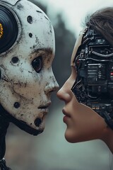 Concept human versus AI, depicting the confrontation between humanity and artificial intelligence
