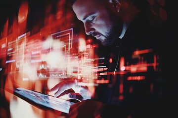 Concept virtual diagrams, graphs, and digital display interfaces, with a man using an electronic tablet in a blurred business setting