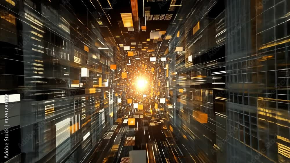 Poster experience a vibrant rush through a mesmerizing 3d landscape with glowing elements and shifting shap