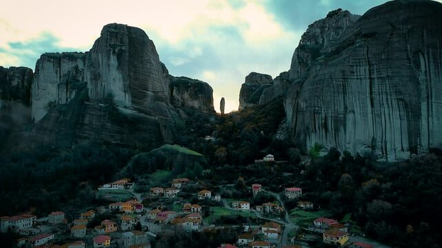 Meteora is a rock formation, represent hill-shaped rounded boulders and have an interesting texture. Greece.