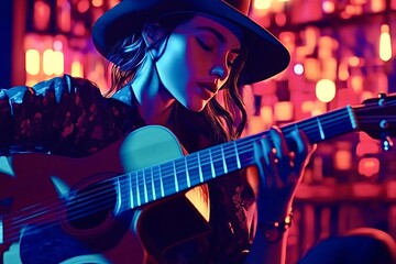 Obraz premium Young female musician passionately playing guitar in a vibrant pub