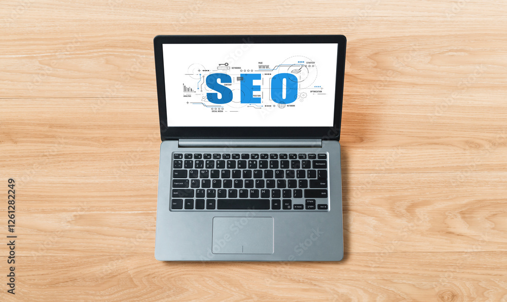 Aufkleber seo search engine optimization for modish e-commerce and online retail business showing on computer 