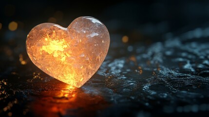 Fototapeta premium Heart-Shaped Crystal Decor with Warm Glowing Light on Dark Surface