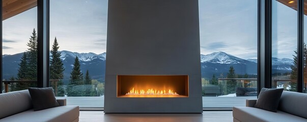 Fototapeta premium Luxury cabin with a modern, sculptural fireplace against a glass window