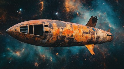 Fototapeta premium A futuristic, rusty, and damaged battleship floating in a vibrant cosmic space background filled with stars and nebulae