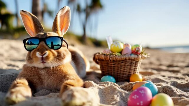 Happy Easter Bunny relaxing on the beach with Easter eggs and basket