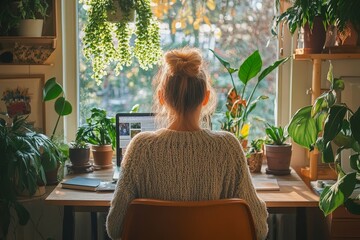 Woman works from home, plants background, sunlight
