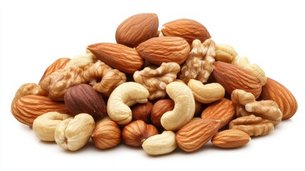 A Pile of Mixed Nuts, Almonds, Walnuts, Cashews, Hazelnuts, White Background, Healthy Snack