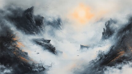Obraz premium A Misty Valley Landscape Painting with Birds and Golden Light, landscape painting, misty valley