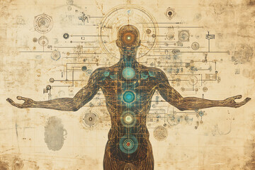 Obraz premium A detailed diagram illustrating the internal network of chakras, vital energy nodes, and energy pathways within the human body. 