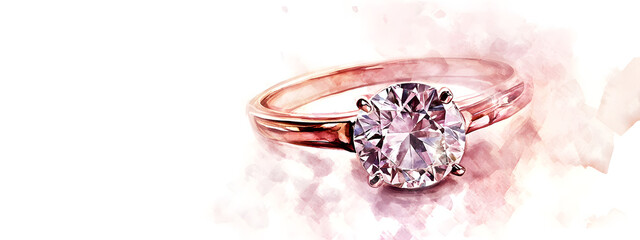 A beautiful watercolor illustration of a rose gold ring with a large diamond
