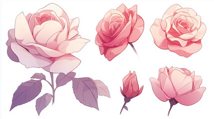 Watercolor Illustration of Pink and Red Rose Flowers and Buds in Anime Style, Clipart Set Isolated on White Background.