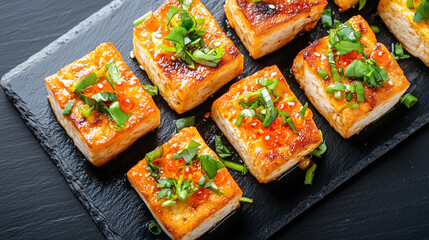 Stir-Fry Tofu with Vegetables on Black Slate Board, Top View of Asian-Inspired Plant-Based Dish, Vegetarian Teryaki Tofu.