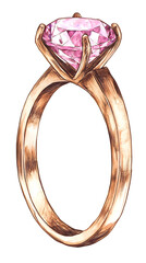 A beautiful watercolor illustration of a rose gold ring with a large diamond
