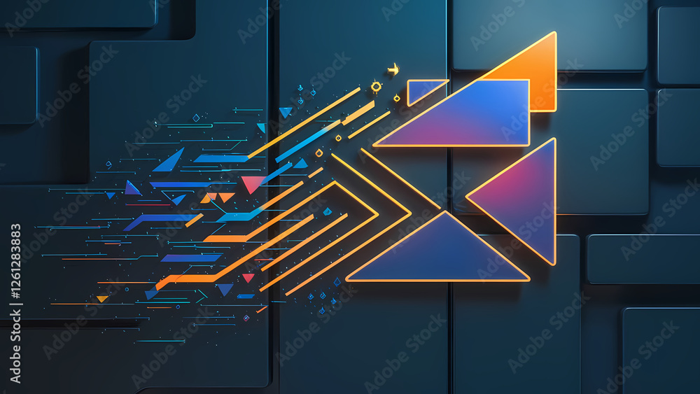 Poster an abstract dark blue modern background with a mix of geometric shapes and diagonal lines symbolizin