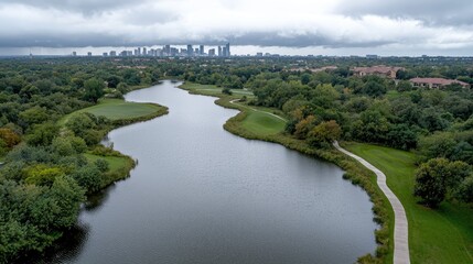 Fototapeta premium Aerial view of a golf course lake with city skyline. Possible use Stock photo for nature, golf, tourism, real estate, or city background