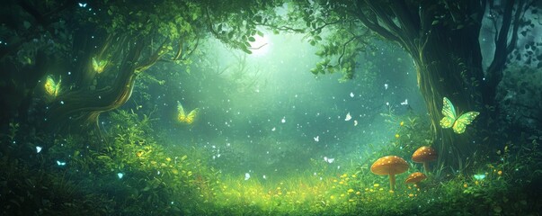Enchanted Forest with Butterflies and Mushrooms, Fantasy, Nature