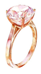 A beautiful watercolor illustration of a rose gold ring with a large diamond

