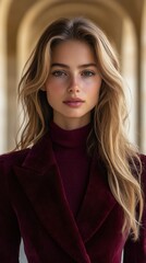 Fototapeta premium Elegant woman with long hair wearing a burgundy outfit, exuding confidence