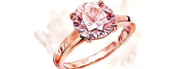 A beautiful watercolor illustration of a rose gold ring with a large diamond
